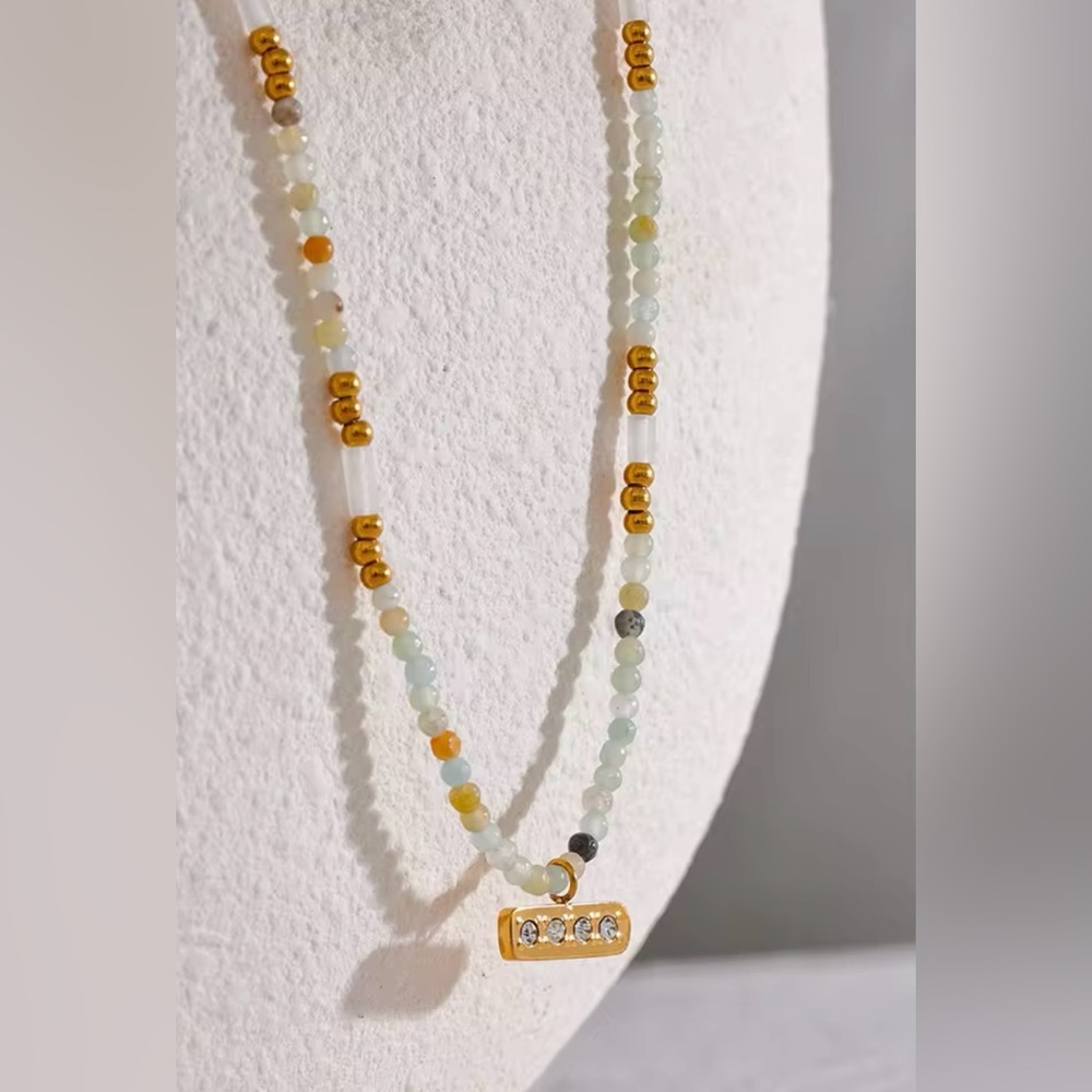 18K Gold Plated Beaded Beads Necklace*Mixed Natural Stone Necklace*Waterproof